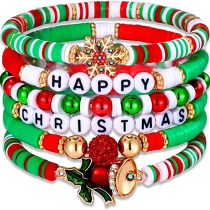 Handgefertigtes Weihnachtsmann und Rentier Weihnachts-Perlenarmband Set mit HAPPY Buchstaben