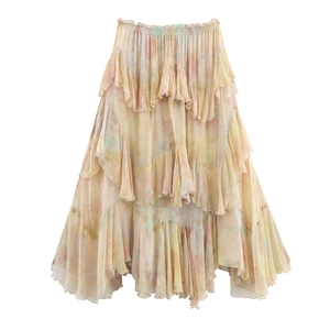 Chiffon floral tiered mini skirt in soft watercolor pink and yellow pastel tones