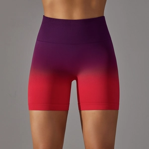 Detailed macro view of seamless high-waist yoga shorts with purple gradient and knit texture