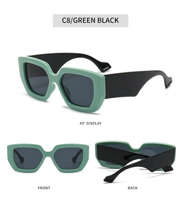 Detail view of large polygon sunglasses featuring mint green frames and black temples