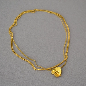 Vintage Brass Gold Plated Double Layer Necklace Floral Pendant Long Sweater Chain Irregular Metal Jewelry For Women