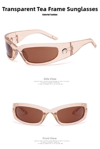 Front and side view of oversized shield sunglasses with silver moon logo on the temples