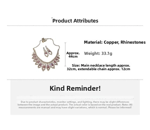 Detail view of rhinestone necklace set with dimensions and copper material info