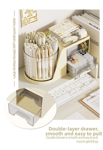 Close-up of a 360-degree rotating desk organizer with cream-yellow drawers for stationery