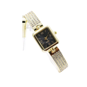 Elegant gold rectangular watch for women with black dial and crystal encrusted strap