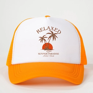 Orange and white trucker hat featuring a summer paradise palm tree sunset print