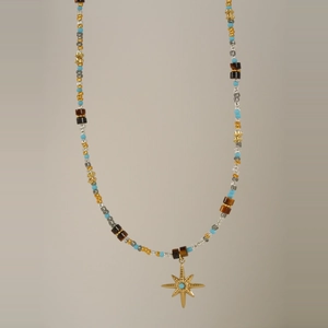 Sparkling Star Pendant Necklace Stainless Steel Multi Color Beaded Tiger Eye Crystal Stone Bohemian Vintage Jewelry For Women