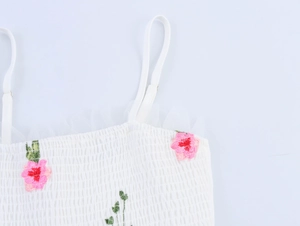 Détail du tissu plissé blanc avec broderie florale rose et bordure en dentelle au col