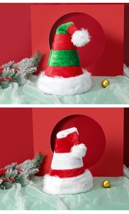 Detail of red and green striped plush Christmas hats with white pom-pom and soft faux fur