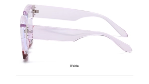 Side view detail of purple transparent square frame glasses with anti-blue light lenses