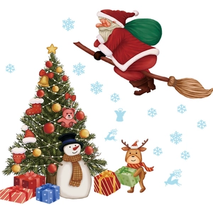 Festliche Weihnachtsaufkleber mit Weihnachtsmann, geschmücktem Baum und Rentier