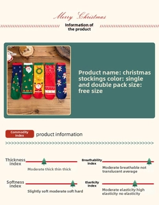 Detailed product specifications for cotton Christmas socks with festive character designs