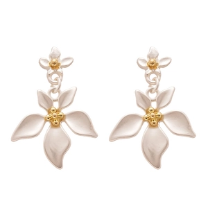 Elegant floral silver and gold earrings with a 3D matte finish on white background
