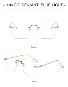 Close-up of golden rimless glasses with anti-blue light lenses and metal arms