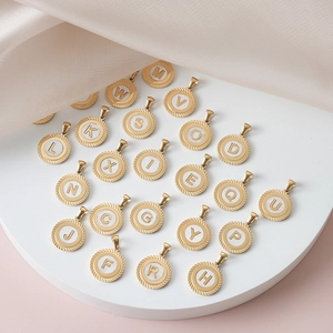Retro 18k gold plated round lace pendant necklace with white enamel alphabet charms