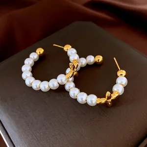 Elegant Faux Artificial Pearl Hoop Earrings Gold Plated Copper Flower Design With Silver Earring Post For Women Luxury Style