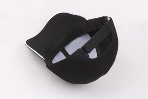 Top view of a black baseball cap with white piping detail and adjustable back strap