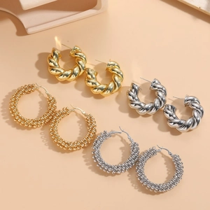 Set of four twist rope and beaded hoop earrings in gold and silver plating
