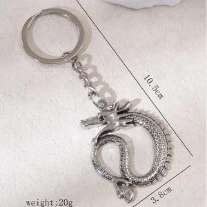 Vintage silver dragon keychain with 10.5cm length and 3.8cm detailed coil pendant