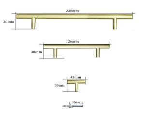 Three sizes of gold T-bar metal handles with dimensions and mounting screw details