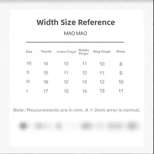 Detailed size guide chart showing width in mm for handmade press-on nail sizes XS to L