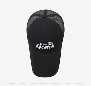 Detailed top view of black outdoor sports trucker hat with breathable mesh and embroidery