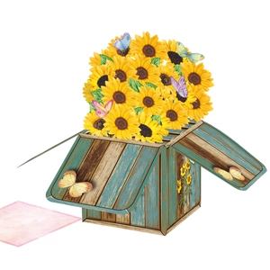 3D popup greeting card with vibrant sunflowers and colorful butterflies in a wooden box