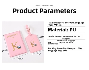 Pink PU leather passport holder and luggage tag set with dimensions 14x10cm and 7x11cm