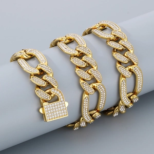 Chic gold-plated Cuban link chain with sparkling rhinestones on a display stand