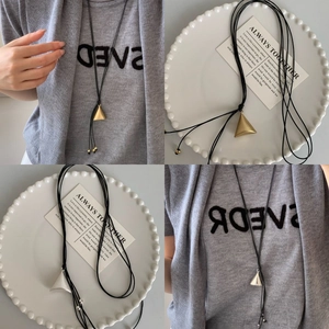 Geometric Triangle Pyramid Pendant Necklace With Adjustable Leather Cord Minimalist Industrial Style Long Sweater Chain