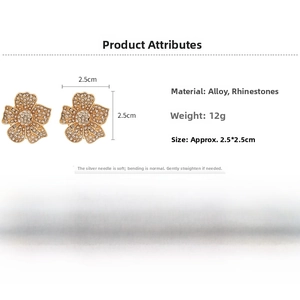 Detailed view of gold-tone flower stud earrings with crystal pave and dimensions