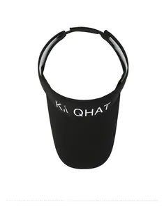 Top view of black outdoor sports visor with white KMQHAT lettering and wide brim