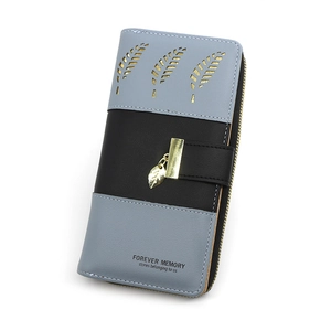 Blue and black long bifold women's wallet with hollow leaf metal clasp and logo