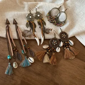 Boho Ethnic Dangle Earrings Alloy Tassel Feather Shell Beads And 925 Sterling Silver Earring Post Vintage Long Drop