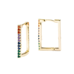 Golden rectangular hoop earrings featuring vertical rainbow zircon stones on a white background