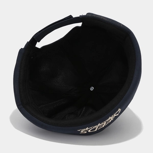 Navy blue adjustable docker hat with white letter embroidery and breathable lining