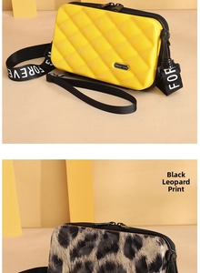 Mini suitcase-style hard shell crossbody bag with leopard print and wide shoulder strap
