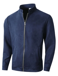 Detail shot of navy blue slim fit jacket featuring stand collar and smooth zipper closure