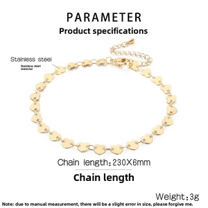 Detailed size chart for gold stainless steel heart anklet with 230mm length specifications