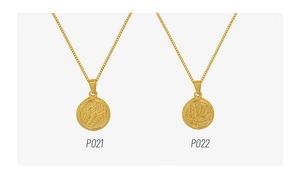 Detail of 18K gold plated titanium necklaces with wing and leaf pendants P021 P022