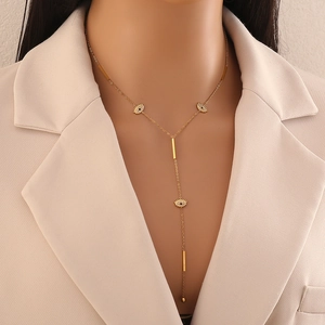 Collana a Y in acciaio dorato con ciondoli occhio malvagio blu e cristalli lucidi