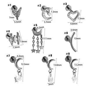Detailed technical diagram showing dimensions for titanium heart and moon lip piercing studs