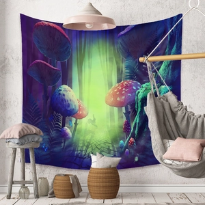 Detail of bohemian mushroom tapestry with vibrant glowing forest and butterfly motifs