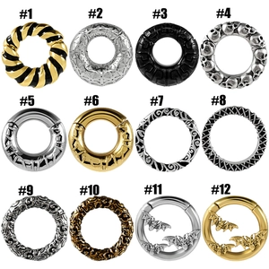 Detailed grid of twelve stainless steel ear gauges in gold, silver, black and bronze styles