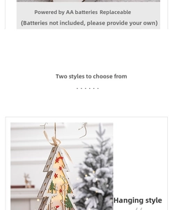 Detailed view of LED wooden Christmas tree ornament with laser-cut star and forest patterns