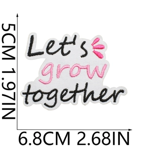 Detailed size measurement of 'Let's grow together' embroidered patch showing width and height