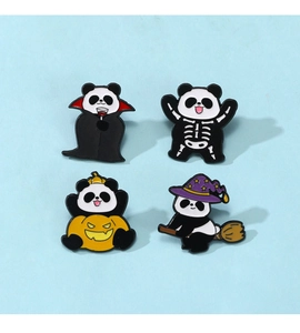 Detailed enamel pin set featuring cute pandas in Halloween pumpkin and witch costumes