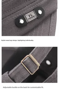 Detail showing the gray cotton twill cap texture, metal logo, and adjustable buckle