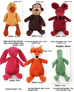 Size chart showing height and weight for corduroy animal plush squeaky dog toys