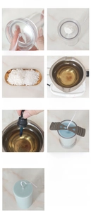 DIY candle kit tutorial showing wax melting, wick setting and spherical mold casting steps